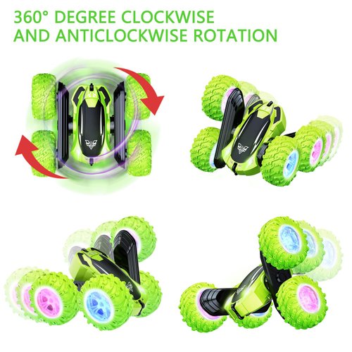 KKONES Remote Control Car, 2.4GHz Electric Race Stunt Car, Double Sided 360° Rolling Rotating Rotation, LED Headlights RC 4WD High Speed Off Road Gift for 3 4 5 6 7 8-12 Year Old Boy Toys (Green)