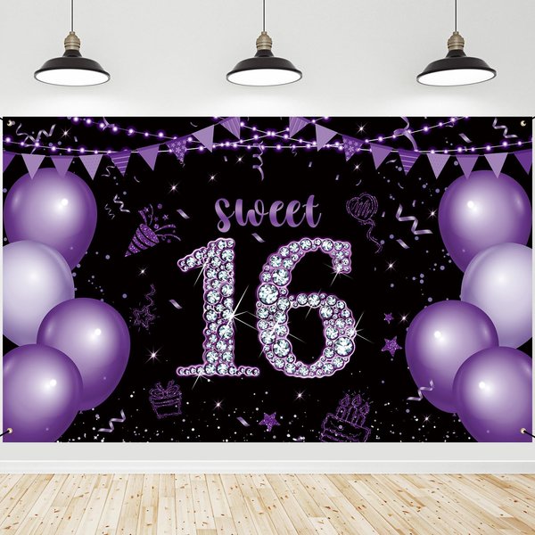Roetyce Sweet 16 Party Decorations, Black Purple Sweet 16 Banner, 16th Birthday Decorations for Girls, Sweet 16 Birthday Gifts, Purple Happy 16th Birthday Backdrop Background, 16 Years Old Party Decor