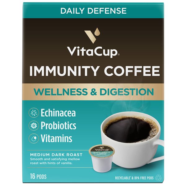 VitaCup Immunity Coffee Pods, Wellness Boost with Antioxidants, Echinacea, Probiotics, Vitamin C & D3, Medium Dark Roast, Recyclable Single Serve Pod Compatible with Keurig K-Cup Brewers,16 Ct
