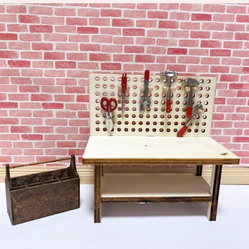 1:12 Dollhouse Miniature Tool Workbench with Accessories Miniature Dollhouse Garage Garden Furniture (Natureworkbench)