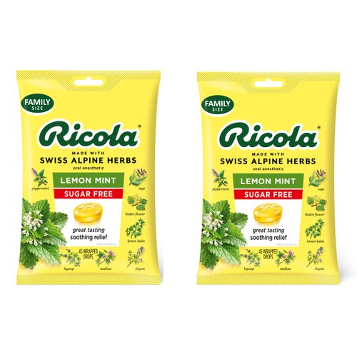 Ricola Sugar Free Lemon Mint Herbal Cough Suppressant Throat Drops, 45ct Bag (Pack of 2)