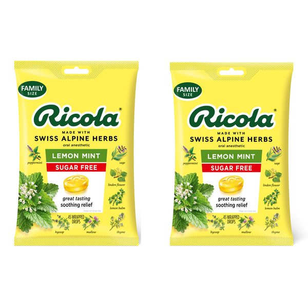 Ricola Sugar Free Lemon Mint Herbal Cough Suppressant Throat Drops, 45ct Bag (Pack of 2)