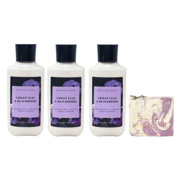 Bath & Body Works Violet Leaf & Blackberry 3 Piece Body Lotion Value Pack with a Lavender Dream Bar Soap - Full Size