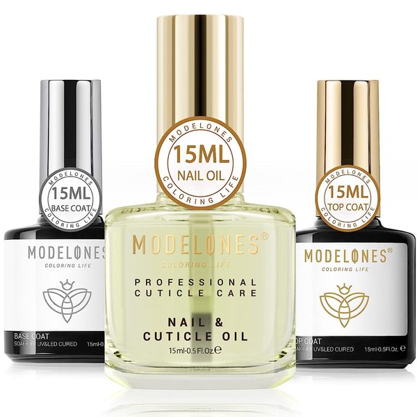 modelones 15ml Gel Top Coat & Base with Cuticle Oil Set, 3Pcs Gel Nail Polish Cuticle Protectors Kit No Wipe Base Gloss Top Coat & Nail Oil