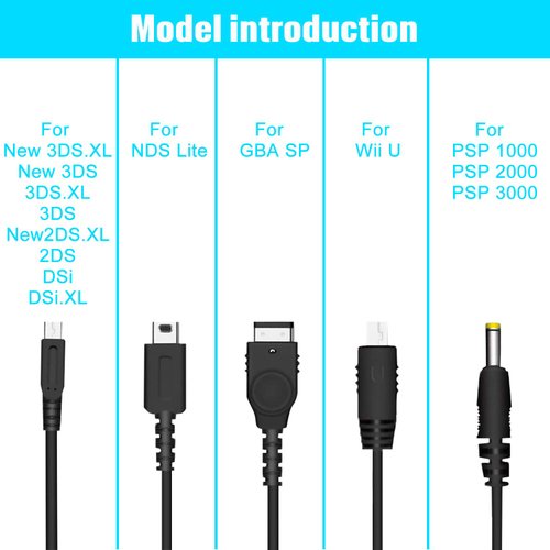 Xahpower 5 in 1 USB Charger Cable Cord for Nintendo NDS Lite/Wii U/New 3DS(XL/LL),3DS(XL/LL),2DS,DSi(XL/LL),NDS/GBA SP(Gameboy Advance sp),PSP 1000 2000 3000