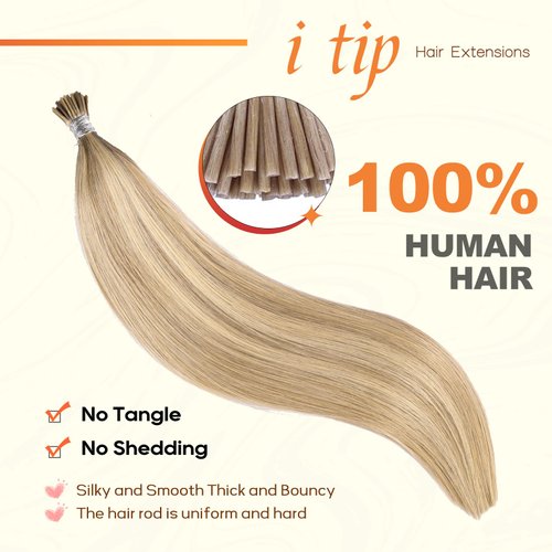 I Tip Hair Extensions - Human Hair, 16/22 Light Blonde Highlighted Bleach Blonde 20 Inch I Tip Hair Extensions For Women Soft & Natural Itip Hair Extensions Itip Human Hair Extensions 50G/60S