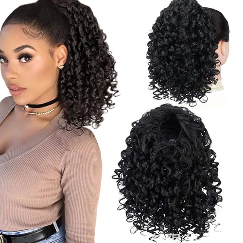 Generic Curly Ponytail Extension 10 Inch Drawstring Ponytail Hair Natural Black Fluffy Hairpiece Women Daily Party Hair Extensions