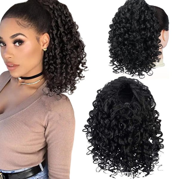 Generic Curly Ponytail Extension 10 Inch Drawstring Ponytail Hair Natural Black Fluffy Hairpiece Women Daily Party Hair Extensions