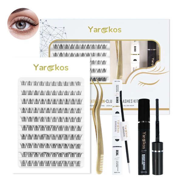 Yargkos DIY Individual Lash Extension Kit, 100Pcs False Lashes Clusters, C Curl Mix 10/12/14/16mm, Bond and Seal Glue, Eyelash Make Up Remover, Lash Tweezers, Home Use Lash Extensions Set, White-B4