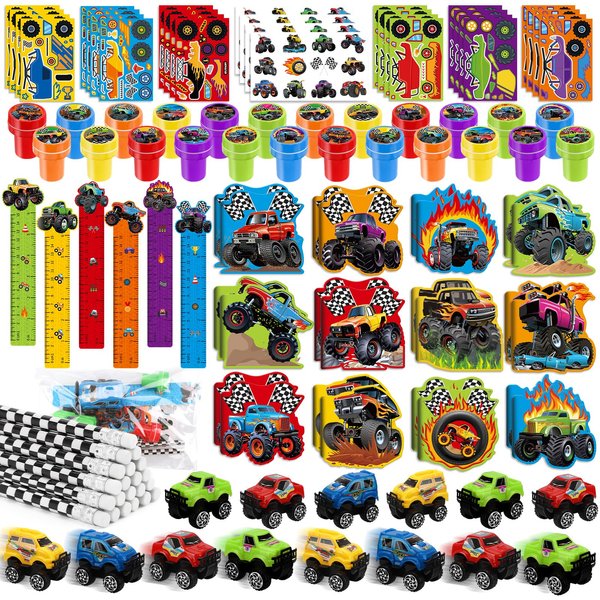 BenLouis 192Pcs Monster Truck Party Favors Truck Car Birthday Stampers Stickers School Stationery Set Bulk for Kids wheels party Race Car Themed Party Goodie Bag Stuffers Pinata Filler Supplies