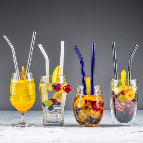 Reusable Glass Straw Set | 8 Multi Color Straws with 2 Cleaning Brushes | 4 Eco Friendly Bent Glass Straws and 4 Straight Glass Tube Straws | Zero Waste Drinking Straws | Dishwasher Safe