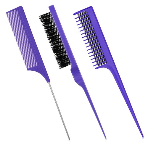 Patelai 3 Pieces Hair Styling Comb Set, Includes Hair Brush Teasing Fluffy Hair Brush, Rat Tail Comb Teasing Comb and Triple Teasing Comb for Women Back Combing Hair (Purple)