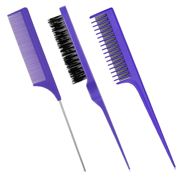 Patelai 3 Pieces Hair Styling Comb Set, Includes Hair Brush Teasing Fluffy Hair Brush, Rat Tail Comb Teasing Comb and Triple Teasing Comb for Women Back Combing Hair (Purple)