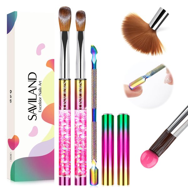 SAVILAND Acrylic Nail Brush Set: 2pcs Size 8/12 Acrylic Nail Brushes for Acrylic Application,Professional Acrylic Brushes with Cuticle Pusher,Used for Beginners Nail Extension Nail Carving Home Salon