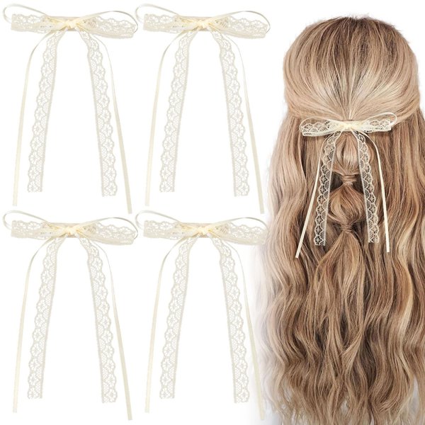 HINZIC 4PCS Lace Hair Bow Clips, Coquette Bow Barrettes with Long Ribbon Tail, Cute Bowknot Wedding Prom Party Bachelorette Party Bridal Shower Hair Accessories for Women Rapunzel
