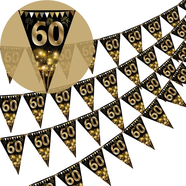 40Pcs Happy 60th Birthday Banner Bunting Flags Gold and Black Glitter 60th Birthday Anniversary Party Decoration Supplies,60th Birthday Triangle Flag Banners for Men Women