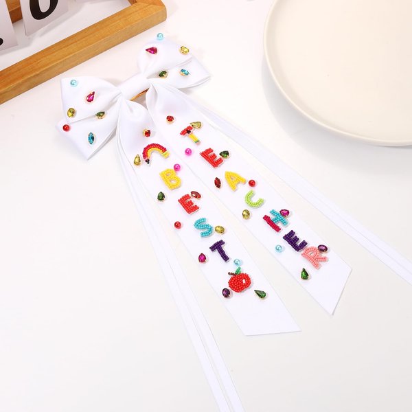 Back to School Hair Bow Clip Pink Tassel Pearl Rhinestone Embellished Hair Bow Cute BACK TO SCHOOL Ribbon Bow Barrette Hair Accessories Teacher's Day Outfit (best school bow white)