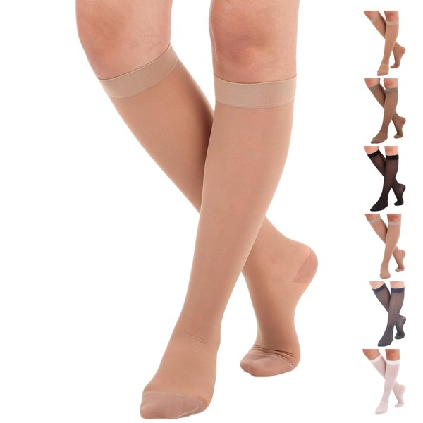 ABSOLUTE SUPPORT - Sheer Compression Stockings for Women 15-20mmHg - Womens Compression Support Knee High Socks for Travel, Sport, Nursing, Running - Beige, Medium - A101BE2