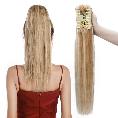 MY-LADY Ponytail Extension Human Hair Claw Clip in Ponytail Hair Extension Long Straight Pony Tail Hair Extensions Real Human Hair for Women Golden Brown & Bleach Blonde 18 Inch 115g