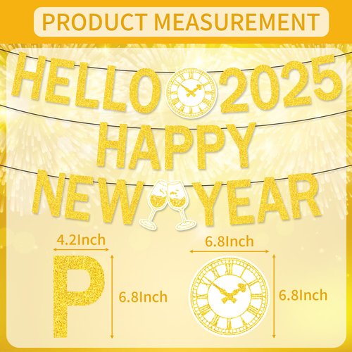 Gold Glitter Happy New Year Banner 2025 - Happy New Year Decorations Hello 2025 Banner for New Years Eve Party Supplies 2025