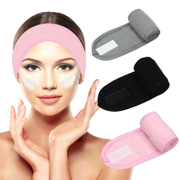 Adjustable Terry Cloth Facial Spa Headband for Women - Perfect Hair Band for Washing Face, Shower, Facial Mask, and Skincare - Non-Slip, Stretchable, 3 Pack - Ideal for Makeup and Hair Wrap