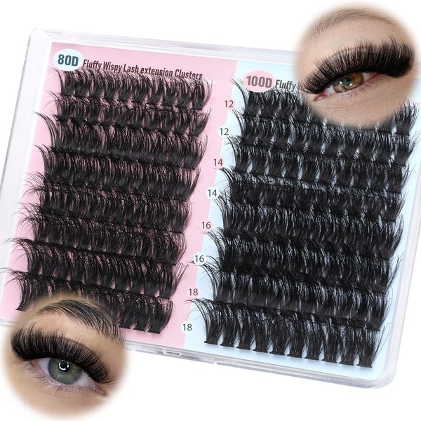 Fluffy Lash Clusters Wispy 80D+100D Eyelash Clusters D Curl Cluster Eyelash Extensions 12-18MM Lashes Clusters DIY Eyelashes Clusters Extension by Pleell