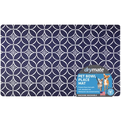 Drymate Pet Bowl Placemat, Dog & Cat Food Feeding Mat - Absorbent Fabric, Waterproof Backing, Slip-Resistant - Machine Washable/Durable (USA Made) (12” x 20”) (Indigo)
