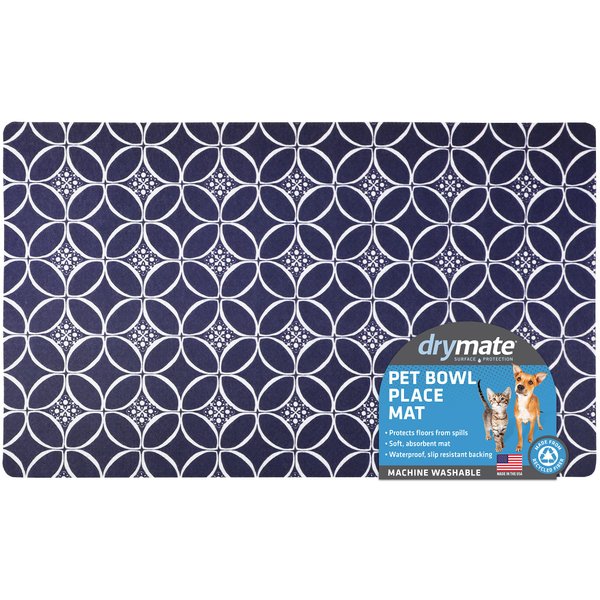 Drymate Pet Bowl Placemat, Dog & Cat Food Feeding Mat - Absorbent Fabric, Waterproof Backing, Slip-Resistant - Machine Washable/Durable (USA Made) (12” x 20”) (Indigo)
