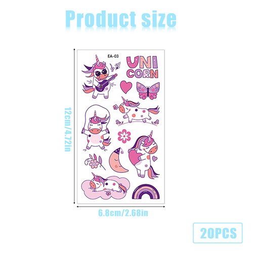 KINBOM Temporary Tattoo, 20 Sheets Multi-colored Cartoon Animal Tattoos for Kids, Waterproof Tattoos for Birthday Party Favors, Unicorn & Butterfly Patterns
