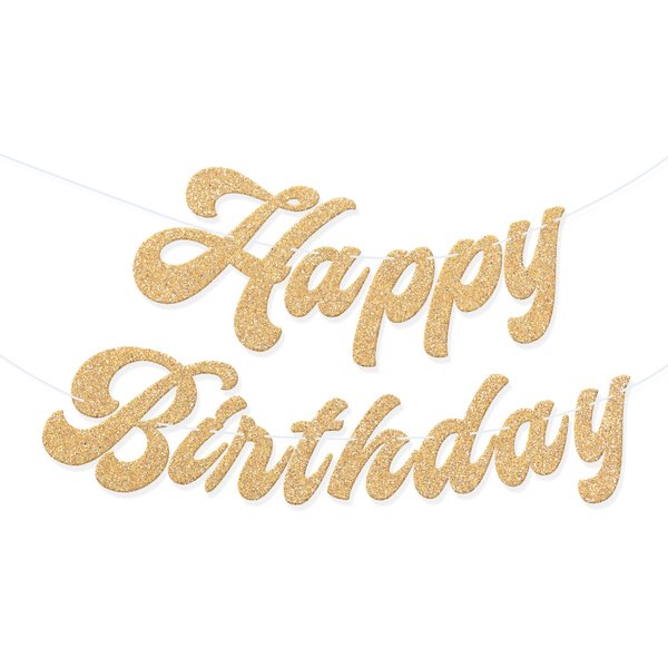 HOUSE OF PARTY Pre-Strung Happy Birthday Banner-No DIY | Gold Glitter Happy Birthday Letters Banner Sign-6 Feet, Birthday Hanging Garland Decorations Party Supplies for Girls Boys Kids Adults