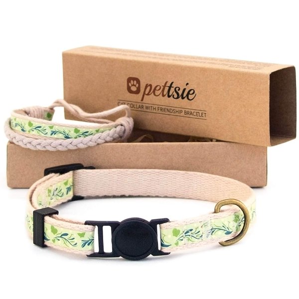 Pettsie Cat Collar Set, Breakaway Safe Buckle, Matching Friendship Bracelet, Pet-Friendly Carton Box for Kitty Lovers, Soft Cotton for Sensitive Skin, Easy Adjustable 7.5-11.5 Inches, Green