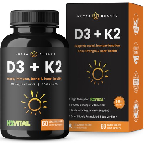 NutraChamps D3 with K2 MK7 Supplement for Heart & Bone Health | Vitamin D & K Complex | 5000 IU of Vitamin D 3 & 100 mcg of Vitamin K 2 MK-7 | 60 Vitamin K2 D3 Capsules
