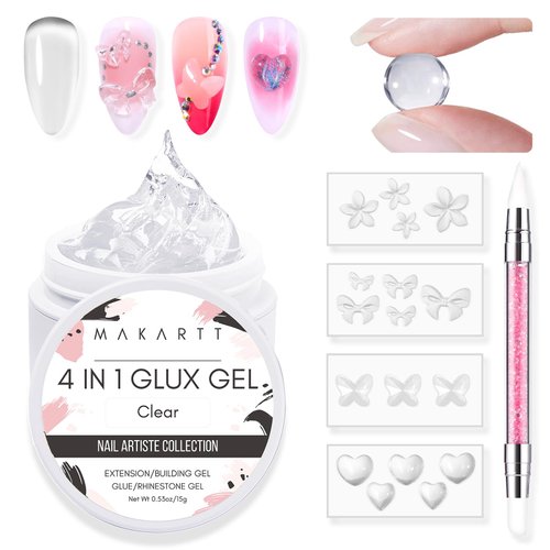 Makartt Solid Gel Builder Mini Kit for 3D Scupting DIY-15ML 4 in 1 Nail Extension Gel,4 pcs Silicone Molds,1 Sculpting Brush,UV Glue for Acrylic Nails Rhinestones Gel Molding Manicure Hard Gel Kit