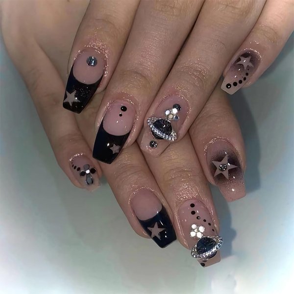 BABALAL Coffin Press on Nails Medium Fake Nails Black Glue on Nails French Ballerina Acrylic Nails with Star Design Stick on Nails for Women and Girls 24Pcs