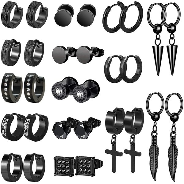 KWUNCCI Earrings for Men, 15 Pairs Men Earrings Hoop, Surgical Stainless Steel Earrings, Black Earrings for Men, Cross Dangle Hoop Earrings Set Fashion Piercing Jewelry