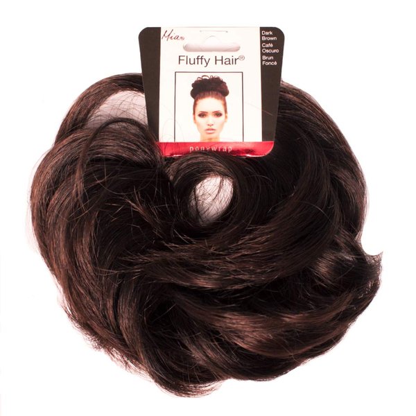 Mia Fluffy Hair Ponytail Wrap Hair Accessory, Synthetic Wig Hair on Elastic Rubber Band for Volume, Messy Bun, Women, Teens, Dress Up, Dance - Dark Brown