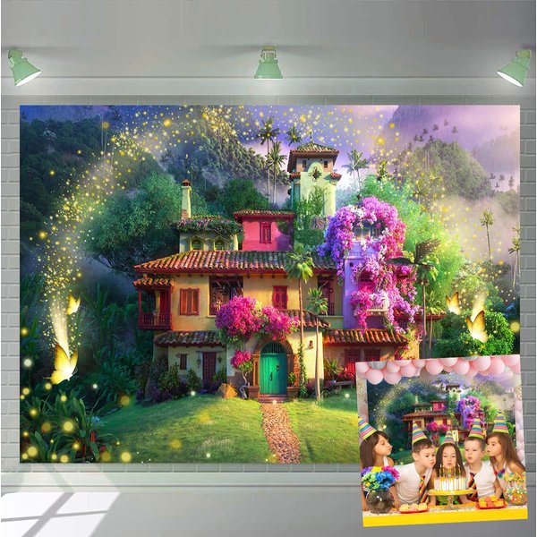 Magic Flowers House Backdrop Fairy Buttfly Woodland Background for Birthday Party Supplies Kids Movie Scene for Girls Madrigal Family Happy Birthday Background Decorations (7X5FT)
