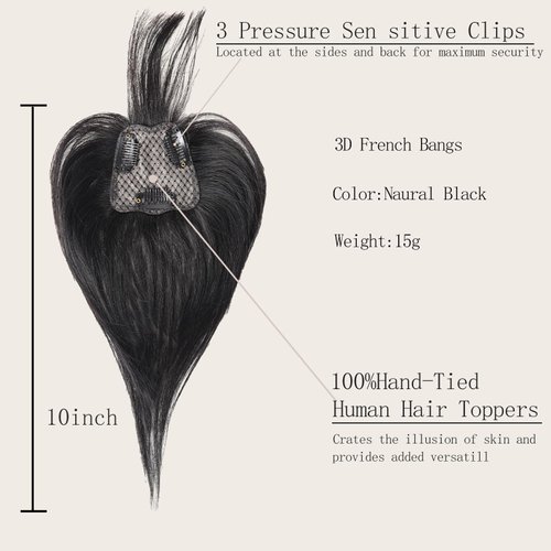 VIJIGIA Hair Toppers for Women Real Human Hair, 10 inch 3D French Bangs Women Hair Toppers for Thinning Hair, Clip in Hair Topper Top Hair Extensions, Swiss Base 2.5"x3", Natural Black