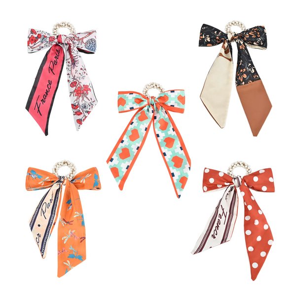 Yonchic 5-Piece Satin Silk Scrunchies, Bow Hair Tie Cute Ribbon for Hair for Girls Women, Bowknot Hair ties Hair Scarf with Bows Ponytail Holders (Orange)