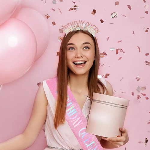 Aprince Pink Birthday Headband Birthday Crown Birthday Sash for Women Birthday Tiara Happy Birthday Headband Party Decorations Birthday Crown for Girls