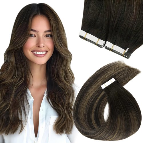 Sunny Hair Extensions Tape in Human Hair Extensions Dark Brown 18 Inch Hair Tape ins Extensions Dark Brown Ombre Medium Brown Balayage Tape in Real Human Hair Extensions Brown for Women 20pcs 50g