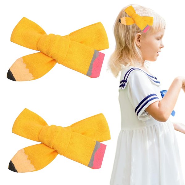 Back to School Hair Clips Yellow Pencil Bows Hair Clips for Baby Girls' First Day of School Kindergarten Students Hair Decoration-2pcs