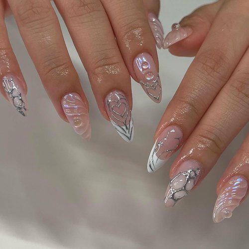 24 Pcs French Tip Press on Nails Medium Almond - Spring Cute Fake Nails Press ons French Nail Art Tip Acrylic Full Cover False Nails with 3D Water Ripple Nail Charms Design Glue on Nails for Women