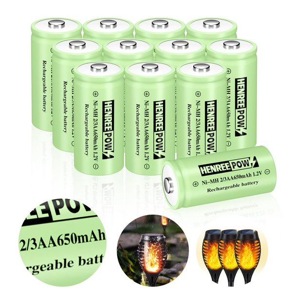 Henreepow 1.2v 2/3AA 650mAh Rechargeable Battery for Solar Lights, 650mAh High Capacity Battery, Low Self Discharge, Ni-MH 2/3AA 650mah 1.2v for Garden Solar Lights.