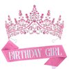 VELSCRUN Birthday Tiara Crowns for Women Girls Pink Crystal Birthday Girl Headband Sash Elegant Princess Crown Happy Birthday Party Decorations Women Sisters Birthday Gift Hair Accessories
