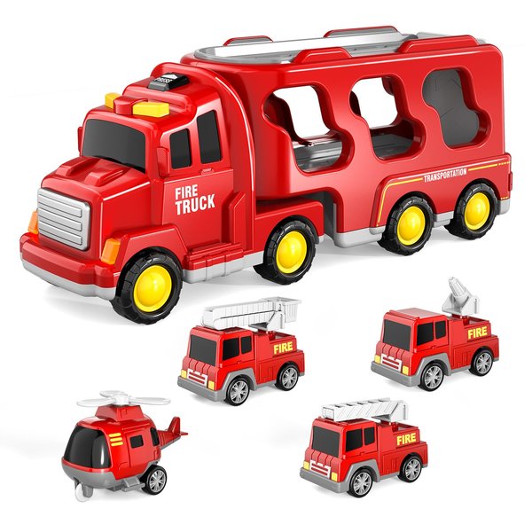 IHAHA Fire Truck Toys for 3 4 5 6 Years Old Boys Toddlers, 5 in 1 Kids Carrier Fire Trucks Cars for Toddler Boy Toys Birthday, Car Trucks Friction Power Toys with Light Sound