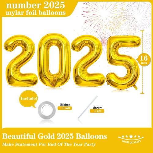 16 Inch Gold Number 2025 Balloons, Big 2025 Number Balloons New Year Foil Gold Balloons for 2025 Happy New Year Eve Celebration Decorations Party Supplies New Years 2025 Balloons Gold