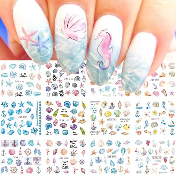 Summer Nail Art Stickers 12 Sheets, Ocean Nail Decals Seashell Turtle Starfish Jellyfish Seahorse Seaweed Design Water Transfer Stickers Decals Beach Ocean Summer Nail Supplies for Women Manicure Tips