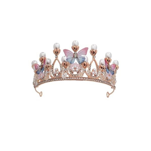 JORCEDI Girls Tiara Butterfly Princess Crown Gold Pearl Headband Rhinestone Hairpiece for Girls Decorative Princess Tiaras Hair Accessories