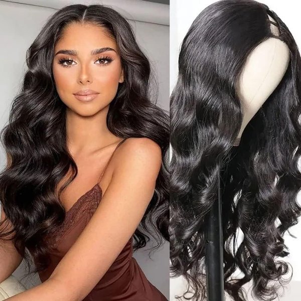 Emistar Wavy V Part Wig Wear And Go Glueless U Part Wig Body Wave Natural Black Synthtic Hair Soft As Human Hair Wigs For Black Women (Natural Black, 24 Inch)